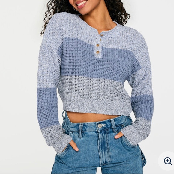 Aeropostle Striped Cropped Henley Sweater - Picture 1 of 6